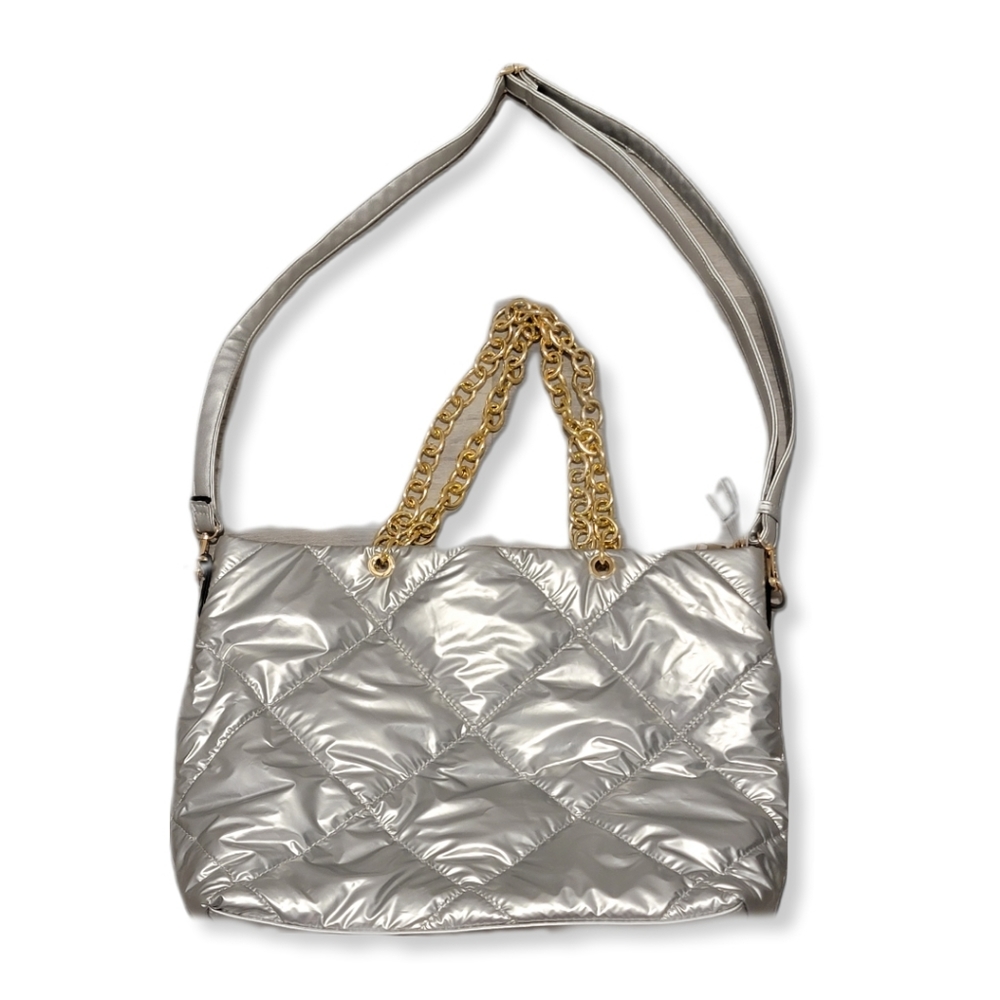 Silver Puffy Quilted Bag with gold chain handles and pleather strap